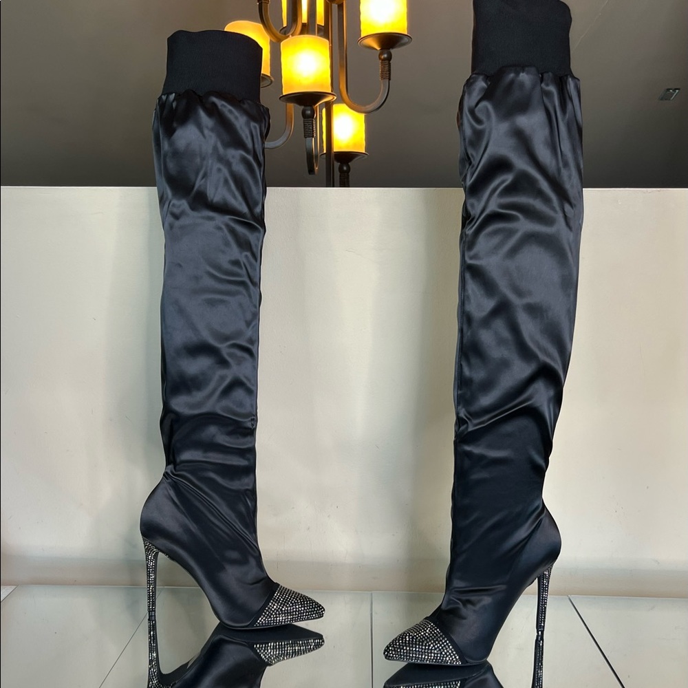 Black Satin Rhinestone Embellished Over the Knee Boots